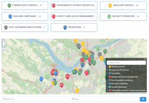 A map showing cybersecurity companies in Ottawa.