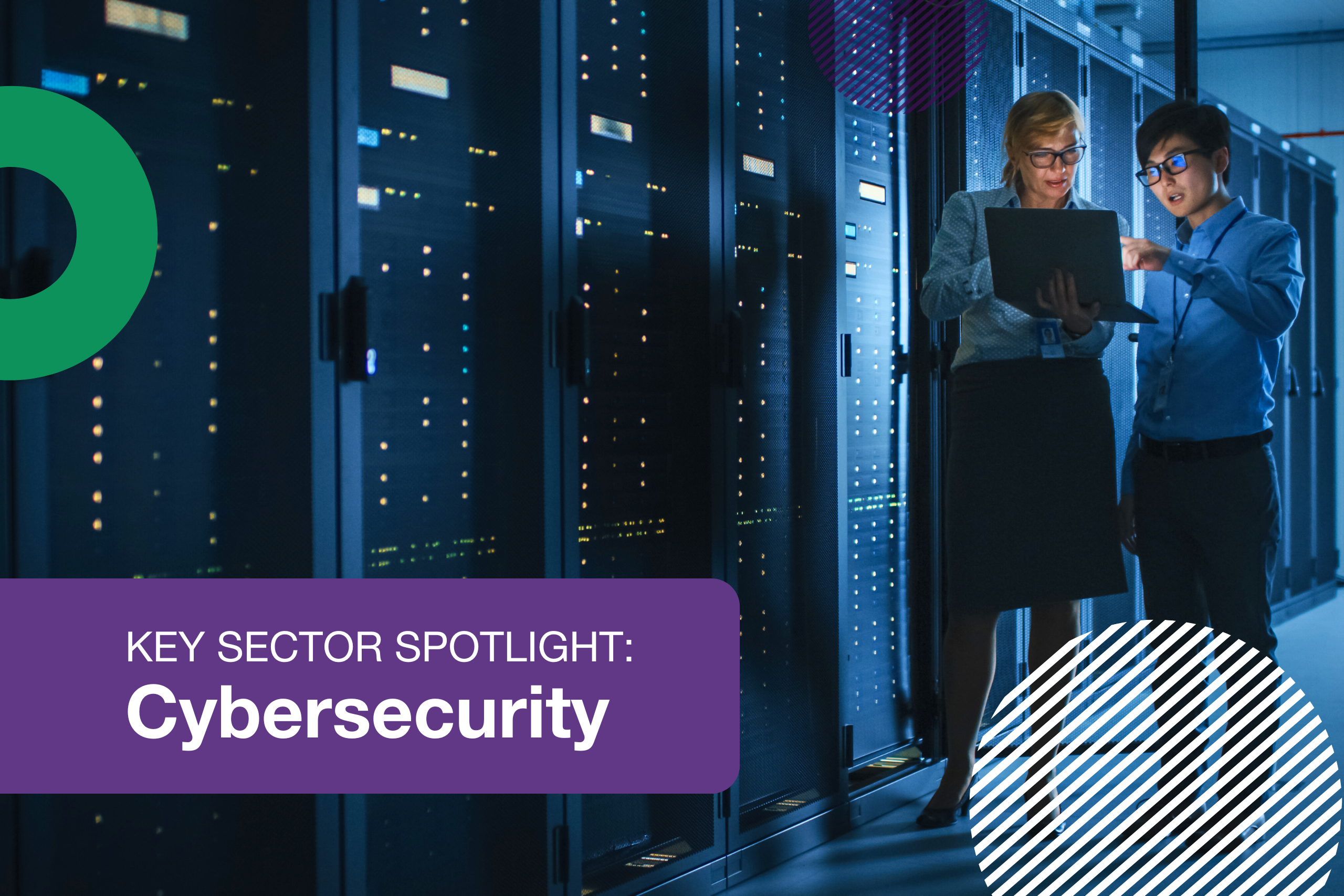 A featured image for a blog. The image shows two people standing and examining a laptop in a dark server room. The text - Key Sector Spotlight is overlaid in purple and white.