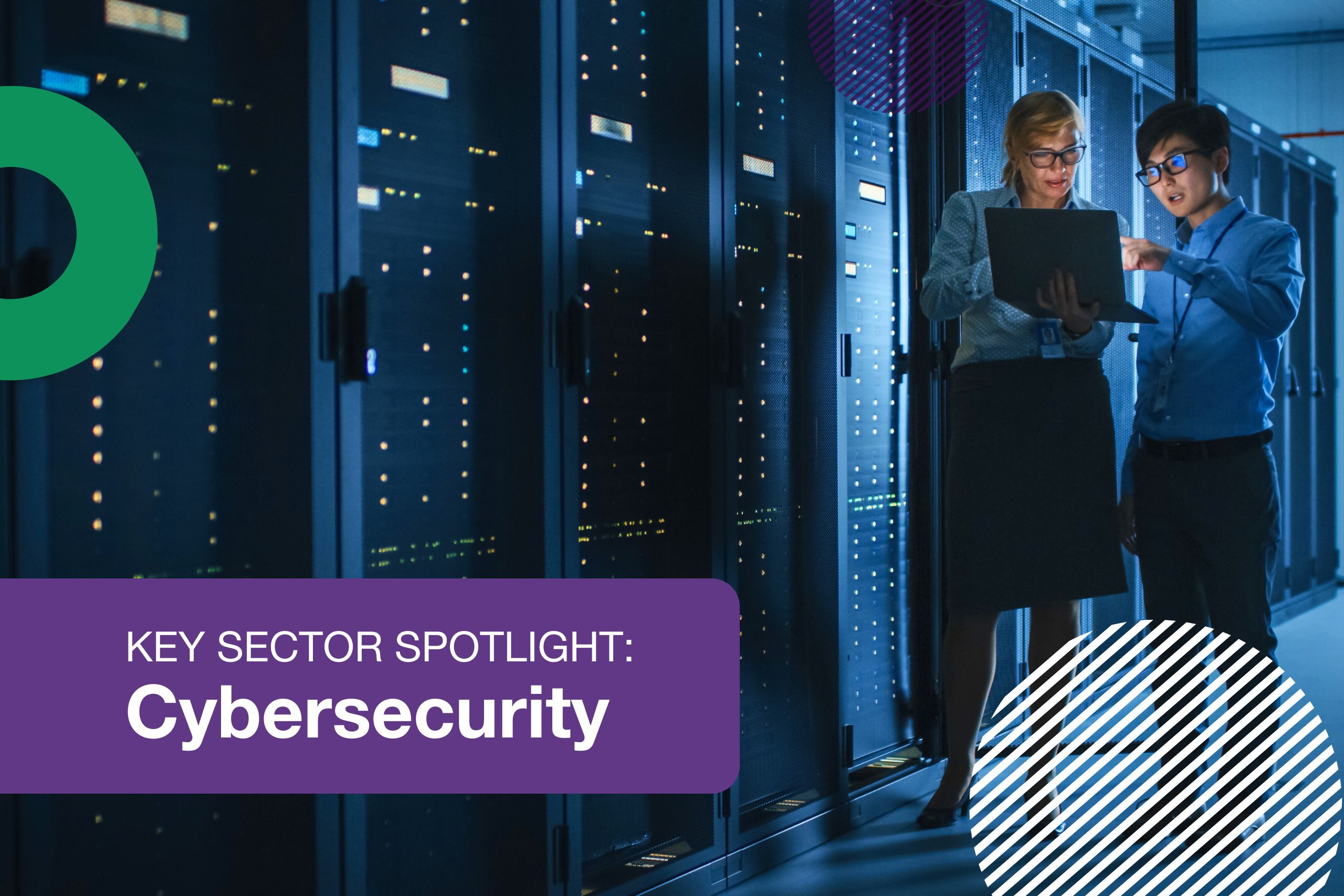 A featured image for a blog. The image shows two people standing and examining a laptop in a dark server room. The text - Key Sector Spotlight is overlaid in purple and white.