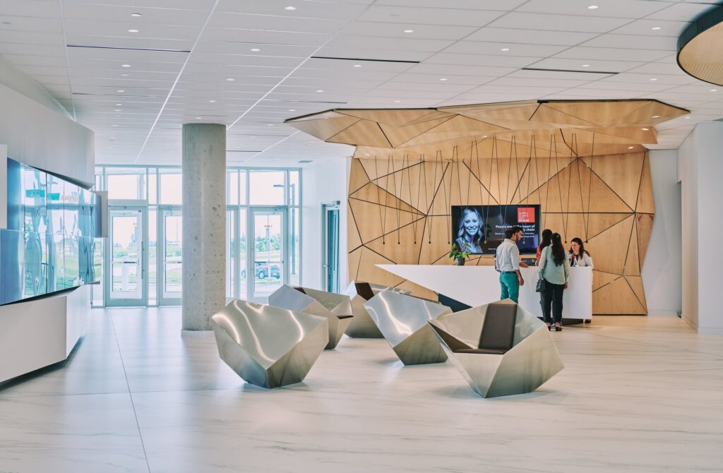 Modern office lobby at Kinaxis headquarters in Ottawa, representing global supply chain technology and innovation.