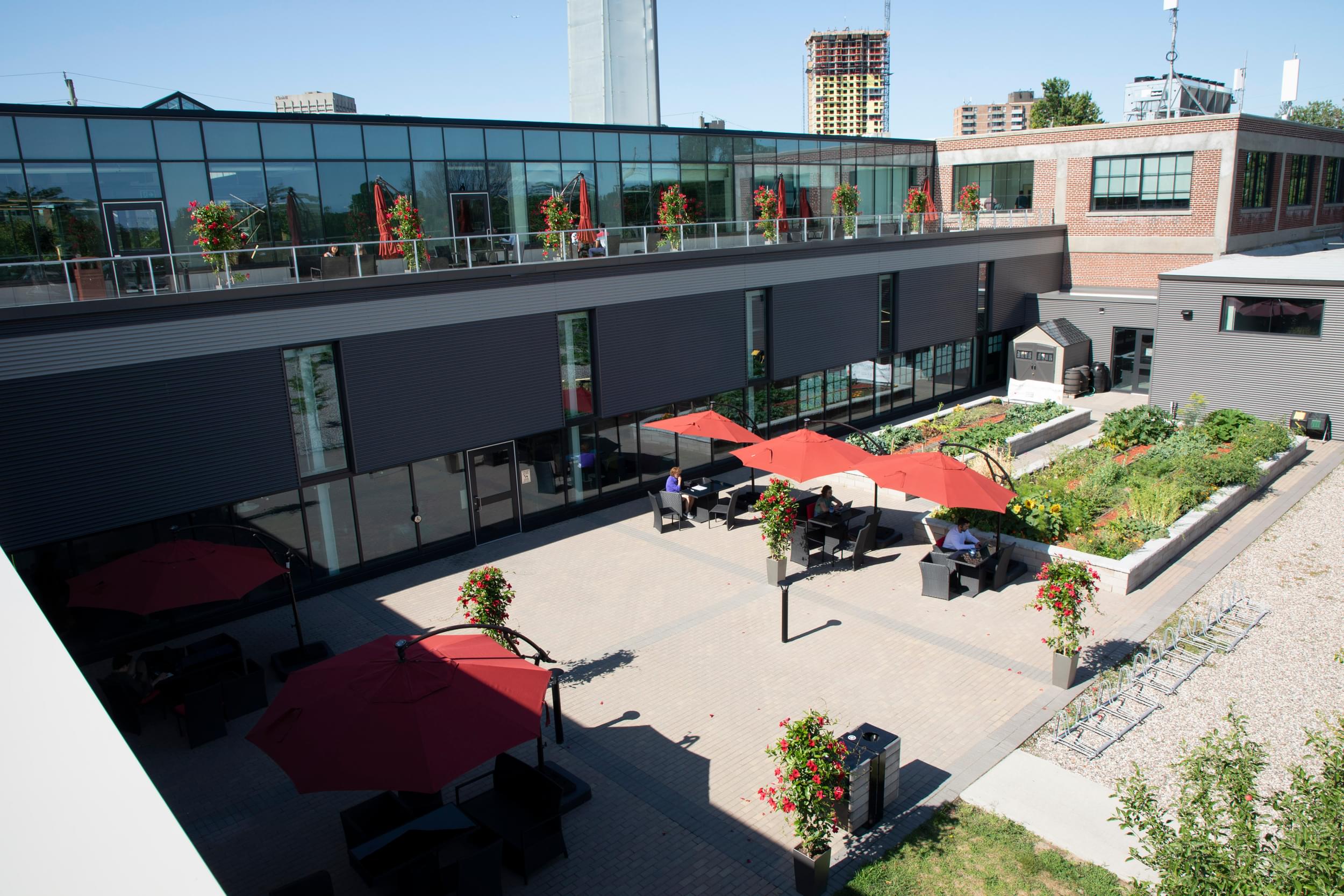 Outdoor terrace and collaborative space at Bayview Yards, supporting innovation and connection within Ottawa’s tech ecosystem.